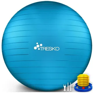 TRESKO Gymnastikball mit GRATIS Übungsposter inkl. Luftpumpe - Yogaball Sitzball Büro | Anti-Burst | 300 kg,Blau,65cm (für Körpergröße 155 - 175cm)