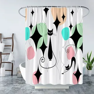 LAEDCIITI Mid Century Duschvorhang mit schwarzer Katze, modern, atomares, abstraktes geometrisches Muster, Retro, schwarzes Kätzchen, Tier, 1950er und 1960er Jahre, Vintage, lustig, blaugrün, Stoff,