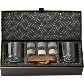 Whiskey Steine Set - 6 Handgefertigte Runde Granit Whisky Steine - 2 Kristall Whisky Gläser - Präsentations- und Aufbewahrungsbrett aus Hartholz - Whisky Geschenkset Box mit Goldfolie von Rocks