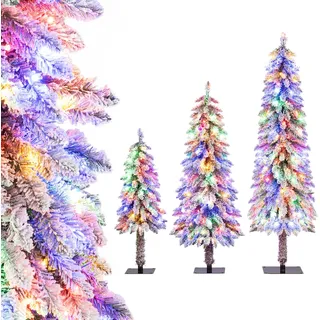 COSTWAY 3er Künstlicher Weihnachtsbaum 90+120+150cm, Christbaum mit Schnee, warmweißen LEDs & Metallständer, schmaler Tannenbaum Weihnachten Grün - Grün, Weiß