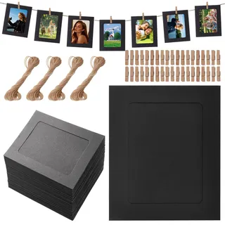 lakudayy 40 Stück Fotogirlande, 11.5 * 15.5 cm Fotorahmen für Mehrere Fotos aus Pappe, Fotoleine mit Klammern, DIY Bilderrahmen Wanddekoration für Hochzeit Party Jubiläum Deko Foto Banner (Schwarz)