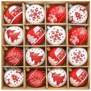 ZOOI Weihnachtskugeln Kunststoff Set Rot Weiß, 16 Stücke 6CM Christbaumkugeln Deko Weihnachten, Weihnachtsbaumschmuck mit Aufhänger Bruchsicher, Weihnachtsdeko Aussen Innen, Plastik