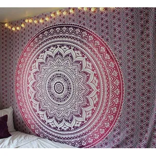 raajsee Indisch Psychedelic Mandala Wandteppich Rosa Ombre,Boho Wandtuch Hippie,Indien Wandbehang Tuch,Groß Baumwolle Wand tucher 208X232 CM