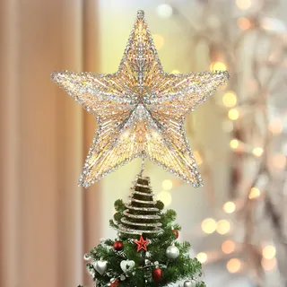 Luxspire Weihnachtsbaumspitze, Glitzern Christbaumspitze mit USB Betrieben, Timer und Fernbedienung Weihnachtsbaumspitze Stern Beleuchtet Weihnachtsdeko, Champagner Gold