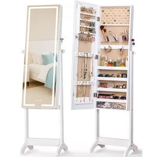 LUXFURNI Schmuckschrank Stehend, 152cm Höhe Standspiegel Mit Stauraum, 3 Farbmodi, 3 Einstellbare Winkel, Abschließbarer Spiegel Schrank, weiß