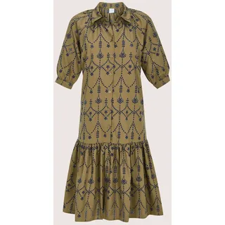 Midikleid MADELEINE "Hemdblusenkleid Sommerliches Midikleid mit Volant", Damen, Gr. 38, N-Gr, braun (nougatbraun, royalblau), Obermaterial: 100% Baumwolle CO., Modern, Kleider Midikleid, Kleid mit Lochstickerei