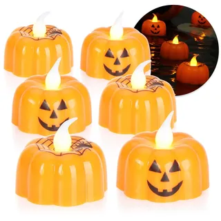 com-four® 6x LED Teelichter Halloween - flackernde Teelichter in Kürbisform - batteriebetriebene LED-Kerzen - Stimmungsbeleuchtung für Kürbisse (06x Kürbis-Teelicht)