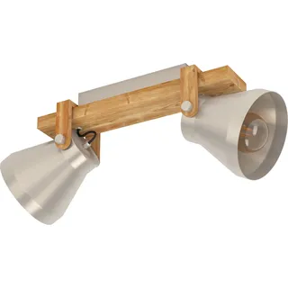 EGLO Deckenlampe Cawton, rustikale Deckenleuchte mit 2 schwenkbaren Spots, Wohnzimmerlampe aus geflammtem Holz und Metall, Deckenspot mit E27 Fassung
