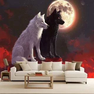 3D Fototapete Mond Blumen Wölfe, Tapete Wald Wolf Tier, Wandtapete Schlafzimmer Kinderzimmer, Vliestapete Wasserdicht Matt, Vlies Fotowand Tapeten für Wohnzimmer TV Hintergrund 200x140 cm