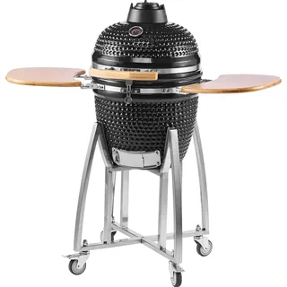 SucceBuy Keramikgrill Kamado, Smoker Ø 450 mm, mit Holzgriffen, klappbaren Seitenablagen, Metallgestell mit Rollen & Thermometer bis 400°C, regulierbarer Luftstrom oben & unten, ideal für BBQ, Grillen, Kochen & Backen im Freien