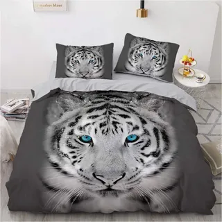 yasmeng Tiger Mikrofaser Weiß/Grau 135 x 200 cm + 80 x 80 cm