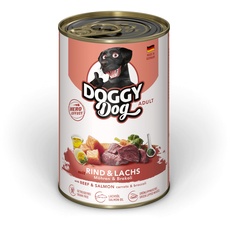 DOGGY Dog Paté Rind & Lachs, 6 x 400 g, Nassfutter für Hunde, getreidefreies Hundefutter mit Lachsöl und Grünlippmuschel, Alleinfuttermittel mit Karotten und Brokkoli, Made in Germany