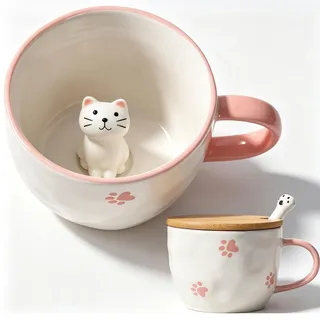 BigNoseDeer Süße Sachen Keramik Katze Kaffeetasse Teetasse Deckel Löffel Lustige Tassen Geschenke für Frauen Kaffeebecher 3D Tasse Personalisiert Cappuccino Tasse Beste Freundin Weihnachten Geschenk