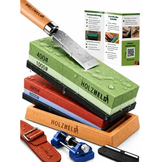 HOLZHELD Schleifstein - Schärfen von Messer, Werkzeug und Stechbeitel inkl. Schleifhilfe - Profi Messerschleifer mit Körnung 400, 1000, 3000, 8000 + Leder - Winkelhilfe für Stemmeisen und Beitel