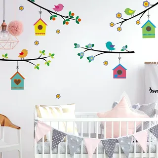WandSticker4U®- Wandsticker NIEDLICHE VOGEL FAMILIE (Baum Zweig: 4x75 cm) I Wandtattoo Vögel auf Ast Kinderzimmer Blumen Aufkleber Frühling Vogelhaus I Wanddeko Babyzimmer Mädchen Junge Deko