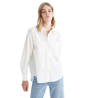 DeFacto Damen Langarm Hemdbluse Hemd mit Knöpfen für Freizeitkleidung Off White,L