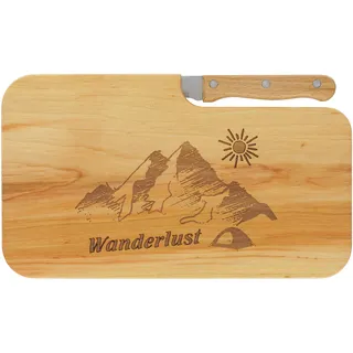 LASERHELD | Brotzeitbrett Holz mit Gravur “Wanderlust” & Messer | 26 x 15 cm | Frühstücksbrettchen Holz Schneidebrett Jausenbrett | Geschenk für Wanderer und Bergfreunde zum Vatertag