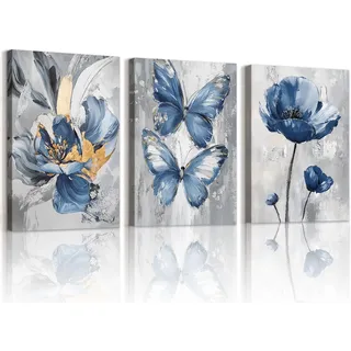 WENGTIAO 3Pcs Blau Schmetterling Blumen Leinwand Bilder Kunstdrucke Gerahmte Bild Aesthetic Abstrakt Geblümt Malerei Wandbilder auf Leinwand Modern Wohnzimmer Schlafzimmer Wanddeko 40x60cmx3