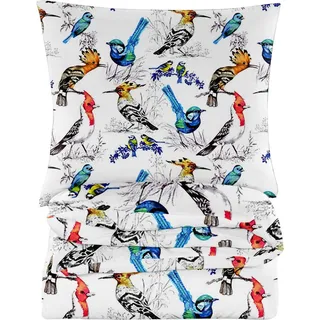 Bettwäsche - 155x200 cm - Bettbezug und Kissenbezügen Set - Weiß - Vögel - Mikrofaser Baumwolle - 2 Kissenbezüge 70x80 cm - Weiß, Blau, Gelb, Rot