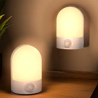 WARMTUYO Nachtlicht mit Bewegungsmelder, 2 Stück Nachtlicht Kinder Lampe Batteriebetrieben, Tischlampe mit Bewegungsmelder Innen Batterie, Auto EIN/AUS Sensor Licht Für Schlafzimmer Kinderzimmer