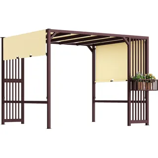 Outsunny Pergola Pavillon 3x2,5m UV 30+Stabil winterfest Sonnenschutz mit verstellbar Schiebedach Sichtschutz Pflanzgefäße Dunkelbraun - Dunkelbraun