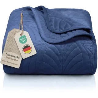 Gräfenstayn Premium Tagesdecke 240x260 cm – Bettüberwurf mit Nahtloser Steppung & Blatt-Design – Samt-Decke – weich, knitterfrei & pflegeleicht – Überwurf für Bett & Sofa (blau)