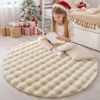 Homaxy Hochflor Teppich mit 3D Bubble Muster Weich Flauschig Teppiche, Waschbar Antirutsch Klein Teppich für Wohnzimmer, Kinderzimmer, Schlafzimmer - 120 cm Rund, Beige