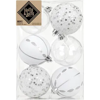 Holly & Jolly - Verzierte Weihnachtskugeln Winter Silver, 6 Stück | Christbaumkugeln aus Kunststoff, ca. 8 cm, Weihnachtsbaumschmuck in Silber, beglittert, Weihnachtsdeko für Innen