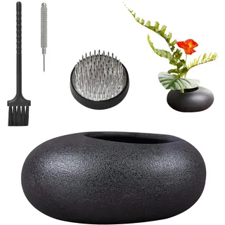 WANDIC Blumenarrangement Set, Ikebana Schale Japanisch Vase Schwarzer Keramik Übertopf mit 4 cm Kenzan Blumen Frosch Töpferware, Blumenstecknadel, Nadelhalter für Heimdekoration