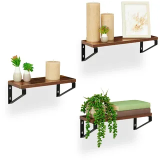 Relaxdays Wandregal 3er Set, Industrial Design, in versch. Größen, Regalbretter schwebend, MDF & Stahl, braun/schwarz, Faserplatte, 11 x 40 x 12,5 cm
