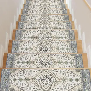 Homcomodar 15PCS Stufenmatten Innen 76x20cm Vintage Treppenstufen Matten,Rutschschutz Treppenteppich für Holzstufen,Gummirücken Stufenteppich Selbstklebend Teppich für Treppenstufen(Beige/Grün)