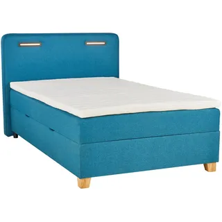 Moderano Boxspringbett , Türkis , Holz , Eiche , massiv , H2 , Höhe ca. 15 cm , 120x200 cm , Bettkasten, Matratze, gepolstertes Kopfteil, Beleuchtung, in verschiedenen Größen erhältlich , Schlafzimmer, Betten, Einzelbetten