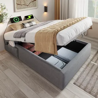 MODFU Polsterbett Hydraulisches 90×190 cm mit USB- C und Vollflächiger Lattenrost, hydraulisches Stauraumbett mit Bettkasten Stauraum,Grau(Ohne Kopfteil,Ohne Matratze) - Grau