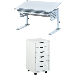 Bundle aus Inter Link – Höhenverstellbarer Schreibtisch – Kinderschreibtisch – Grau / Weiß – Skalare + Inter Link – Rollcontainer – 6 Schubladen- Massiv Kieferholz – Weiß - 35 x 40 x 65 cm - Simon