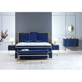 Schlafzimmer Set Bett Blau Hocker Kommode Design Luxus 2x Nachttische 5tlg. Neu - Blau