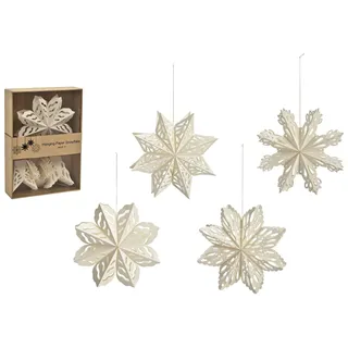 4er Set Papier-Schneeflocken Weiß – Weihnachtsanhänger zum Aufhängen – Ø 15 cm – Höhe 2 cm – Material: Papier/Karton