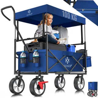 KESSER® Bollerwagen faltbar mit Dach Handwagen Transportkarre Gerätewagen | inkl. 2 Netztaschen und Einer Außentasche | klappbar | Vollgummi-Reifen | bis 100 kg Tragkraft | Mit Vorderrad-Bremse - Blau