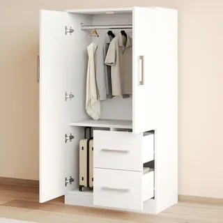 Merax Kinder Kleiderschrank mit 2 Schubladen und Staufächern, Doppeltür Schrank aus MDF und Kiefer, Einzelkleiderschrank, Aufbewahrungsschrank, Weiß - Weiß