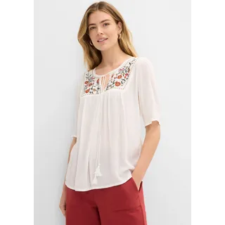 Tunika BONPRIX, Damen, Gr. 52, weiß (wollweiß), Obermaterial: 100% Viskose, A-Linie, Tuniken Tunika, Casual Stil, A-Linie Passform, Kurzarm-Design, mit Stickerei