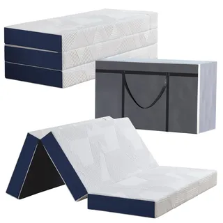 Hiimgo Faltmatratze 120 x 195 x 15 cm, 4-teilig Klappbar - Faltbare Klappmatratze mit abnehmbarem Bezug, Gästematratze für Reisen Camping Gästebett (Weiß & Blau)