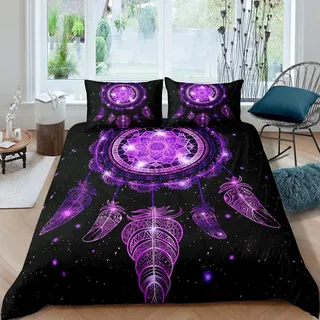 Homemissing Bettwäsche Galaxie Traumfänger Universum Galaxie Sternenhimmel 140x200 cm Bohemian Tribal Bettwäsche Boho Feder mit 1 Kissenbezug Lila