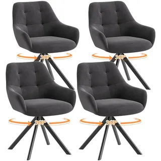COLAMY Drehbare Esszimmerstühle 4er Set, Esszimmerstühle Drehbar mit Armlehne, Armlehnstuhl Drehbar mit Rückenlehne für Esszimmer, Stühle aus Weichem Florstoff mit Metallgestell für Küche, Grau