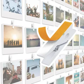 20 Stück Weißen Selbstklebende Bildklammern - Bilderrahmen, Fotowand Halter, Bilderrahmen mit Klammern und Leine, Fotorahmen, Fotovorhang, Postkartenhalter, Fotoseil, Fotohalter
