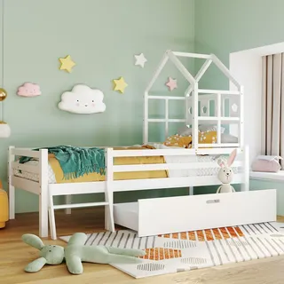 okwish home Kinderbett 90x200cm, mit Leiter und Schubladen, inklusive Lattenrost-Hochbett, Anti-Sturz-Kinderbett, Massivholz weiß (Matratze nicht im Lieferumfang enthalten) - Weiß