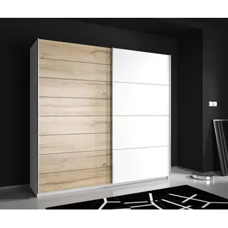 Forte JAWA Schrank 200, Kleiderschrank, Schwebetürenschrank Skandinavisch Schlafzimmer 2-türig Einlegeböden und Kleiderstange, Weiß / Holzdekor: Bianco Eiche, 200 cm breit x 210 cm hoch x 61 cm tief