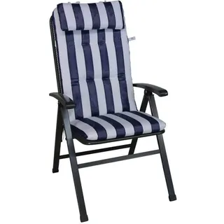 ANGERER Stuhlauflage hoch blau-weiß gestreift | Hochlehnerauflage, Auflage für Gartenmöbel, mit Bändern, dicke Füllung aus Schaumstoff mit Vliesummantelung, Made in Germany
