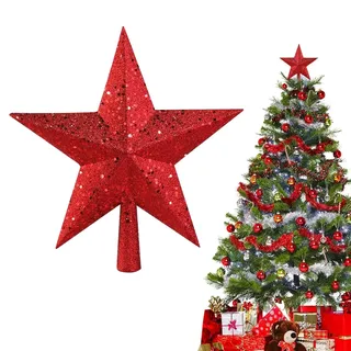 Christbaumspitze Stern Rot,Weihnachten Baumspitze Stern Christbaumschmuck Topper Ornament,20cm Pentagramm Baumspitze Weihnachtsbaum Spitze Toppers für Xmas Home Party Dekoration