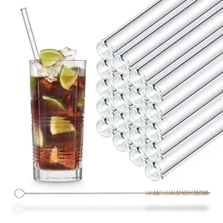 HALM Glas Strohhalme 23 cm 20 Stück gerade Wiederverwendbar Trinkhalm + plastikfreie Reinigungsbürste Spülmaschinenfest - Nachhaltig - Glastrinkhalme Glasstrohhalme für Smoothies, Long-Drinks, Saft