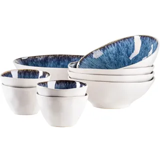 MÄSER Serie Frozen 9-teiliges Bowl Set aus schöner Keramik, 1 Salatschüssel, 4 Ramen Schalen und 4 Dip Schälchen, organische Formen im Vintage Look, händisch lasiert, Steinzeug, Blau, 26