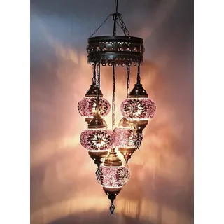 5-flammige türkische Hängelampe aus rosa Mosaikglas - orientalische Deckenleuchte mit 5 Glaskugeln - Rosa